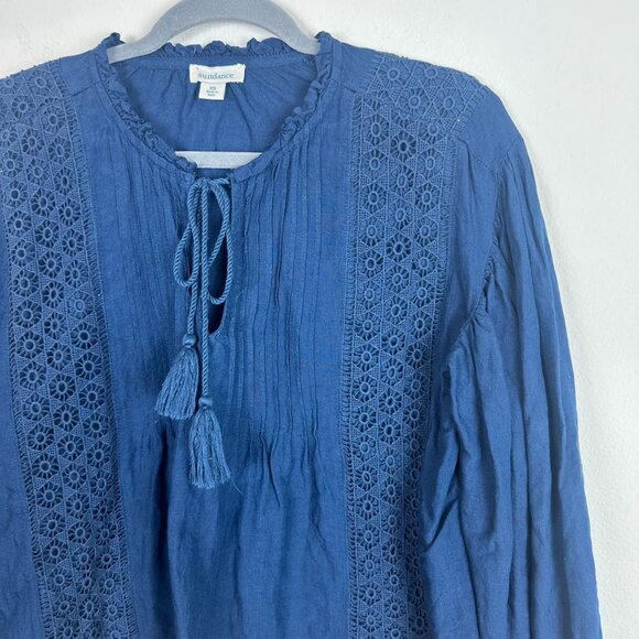 Sundance Linen Blend Boho Embroidered Blouse XS Tassel Tie Front Minimalist Cont - Picture 2 of 6